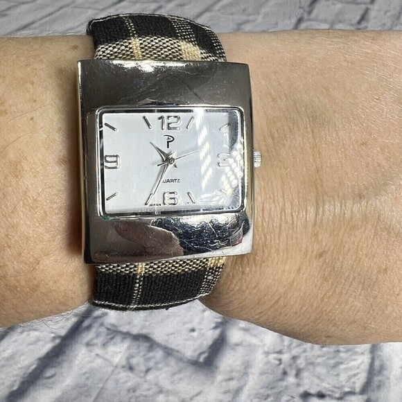Geneva Ladies Watch Canvas Clad Bangle Cuff Band Rectangle Silver Dial - Picture 1 of 8